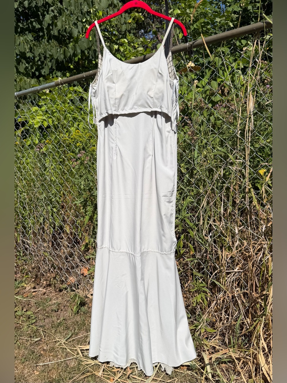 Vintage CACHE BEADED DRESS 100% Silk Gray Metallic Silver Beading Beads LARGE L - Picture 12 of 17